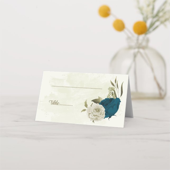 aquamarin-beige-Blume botanische Hochzeit Platzkarte (Vorderseite)