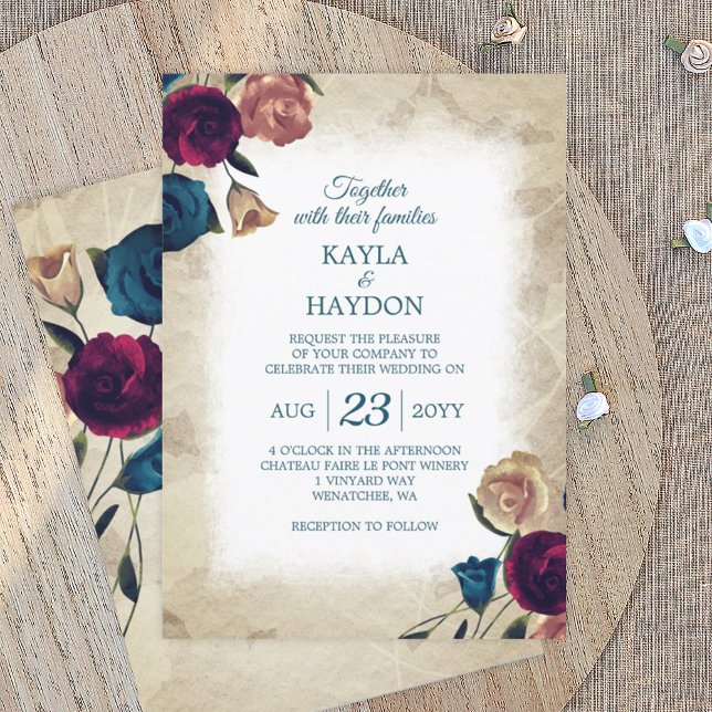 Aquamarin, Beige Burgund Rose Garden Wedding Einladung (vintage rose garden wedding invitation, teal burgundy beige roses botanical wedding invitation)