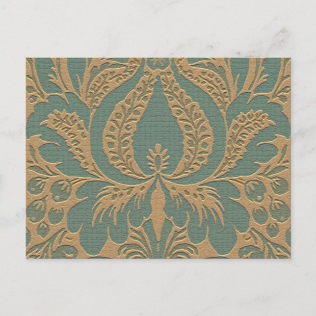 Aquamarin Beige Damask Postkarte (Vorderseite)