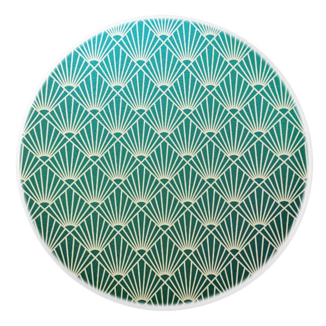 aquamarin, beige, Jugendstil, Art Deko, Fanmuster, Keramikknauf (Vorderseite)