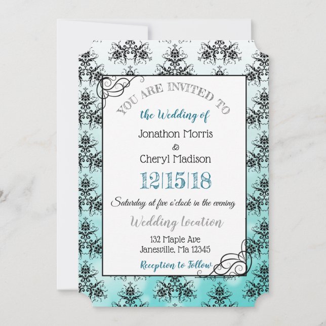 Aquamarin Black Damask Classy Wedding Einladungen (Vorderseite)