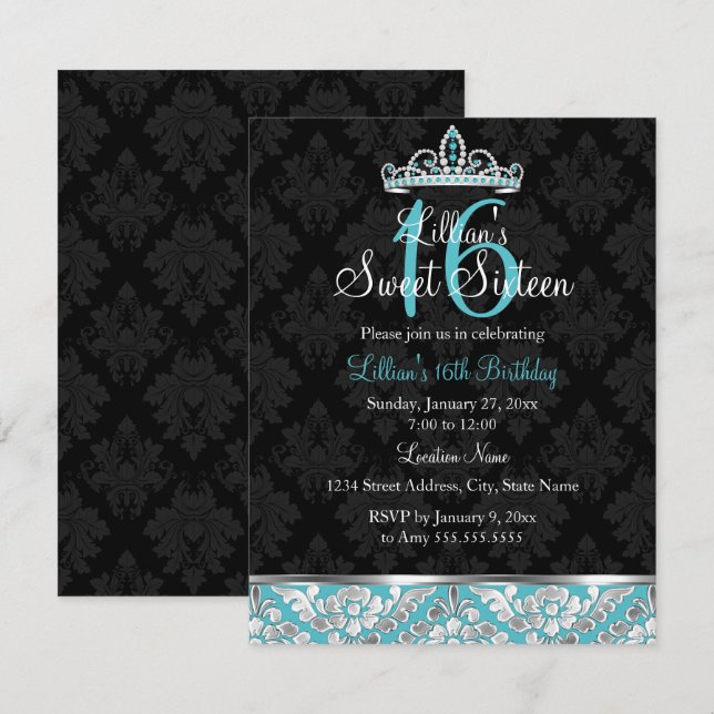 Aquamarin Black Damask & Tiara Sweet 16 Einladung (Vorne/Hinten)