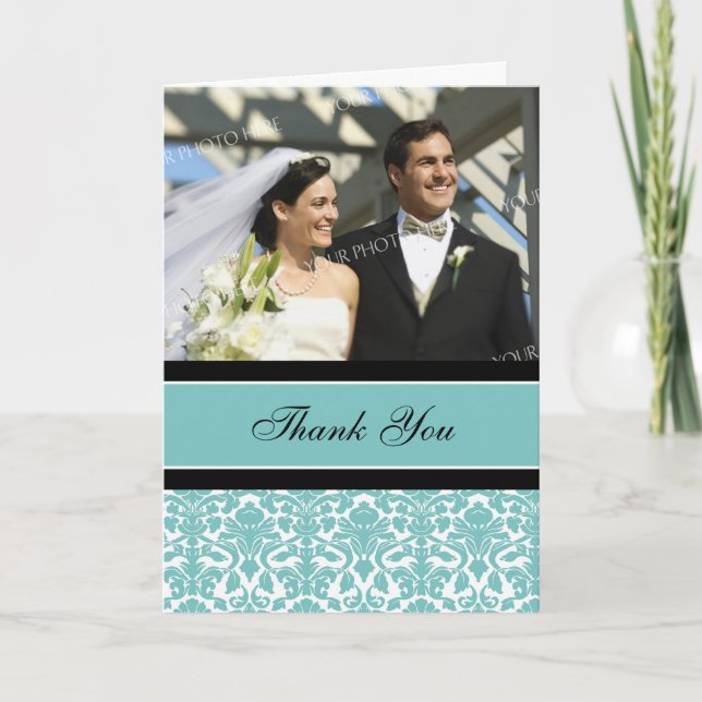 Aquamarin Black Foto Wedding Dankeschön Card Dankeskarte (Vorderseite)