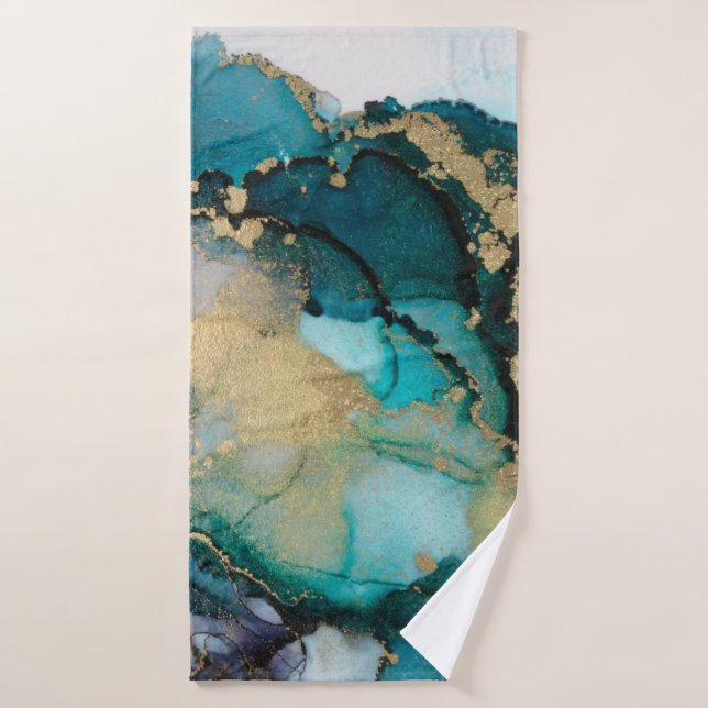 Aquamarin Black Gold Alcohol Ink Fluid Artabstract Badehandtuch (Badehandtuch)