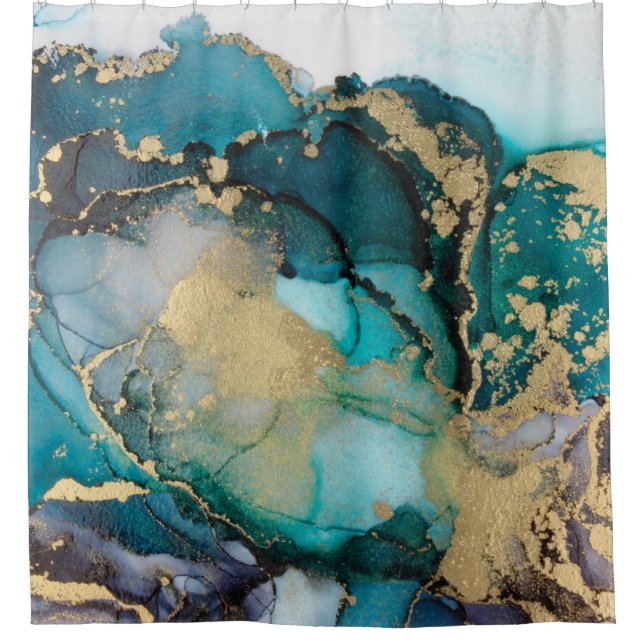 Aquamarin Black Gold Alcohol Ink Fluid Artabstract Duschvorhang (Vorderseite)