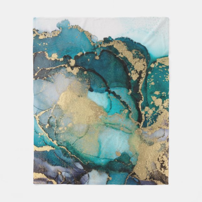 Aquamarin Black Gold Alcohol Ink Fluid Artabstract Fleecedecke (Vorderseite)
