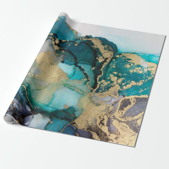 Aquamarin Black Gold Alcohol Ink Fluid Artabstract Geschenkpapier (Ungerollt)