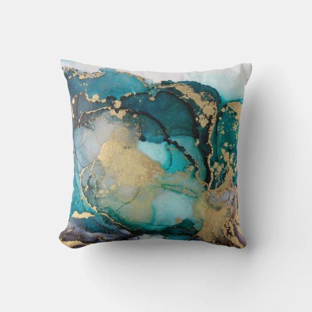 Aquamarin Black Gold Alcohol Ink Fluid Artabstract Kissen (Vorderseite)