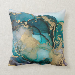 Aquamarin Black Gold Alcohol Ink Fluid Artabstract Kissen