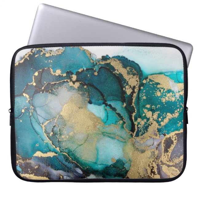 Aquamarin Black Gold Alcohol Ink Fluid Artabstract Laptopschutzhülle (Vorderseite)