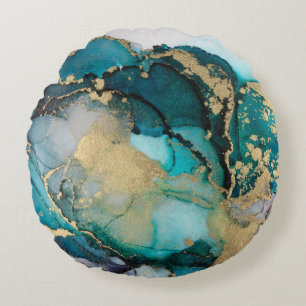 Aquamarin Black Gold Alcohol Ink Fluid Artabstract Rundes Kissen