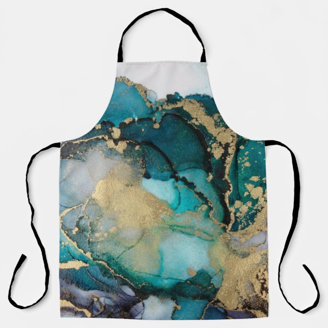 Aquamarin Black Gold Alcohol Ink Fluid Artabstract Schürze (Vorderseite)