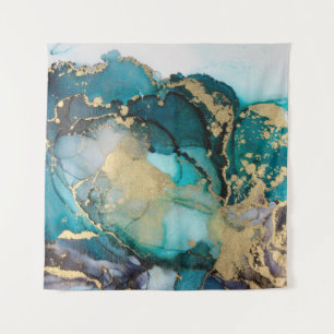 Aquamarin Black Gold Alcohol Ink Fluid Artabstract Wandteppich