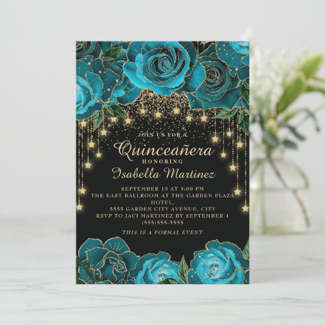 Aquamarin Black Gold String Light Star Quinceañera Einladung (Stehend Vorderseite)