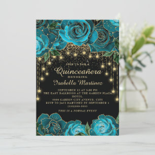 Aquamarin Black Gold String Light Star Quinceañera Einladung