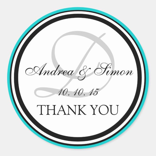 Aquamarin Black Monogram D Wedding Danke Runder Aufkleber (Vorderseite)