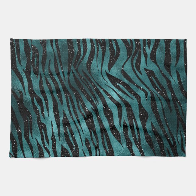 Aquamarin & Black Ombre Glam Glitzer Tiger Streife Geschirrtuch (Horizontal)