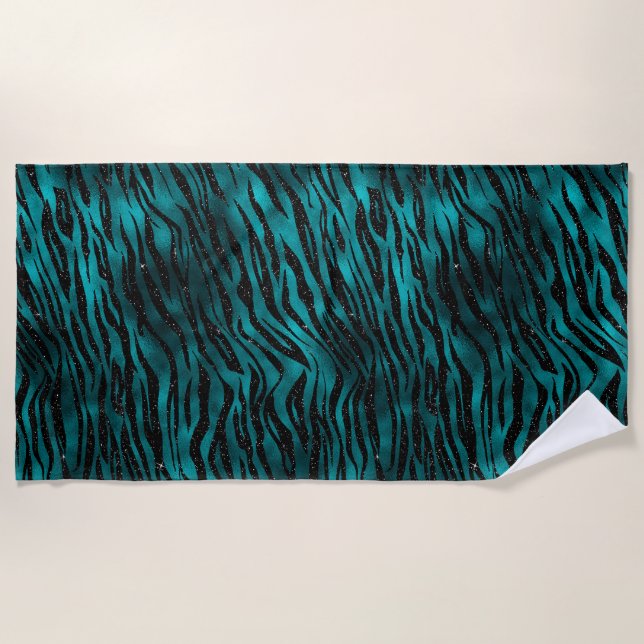 Aquamarin & Black Ombre Glam Glitzer Tiger Streife Strandtuch (Vorderseite)