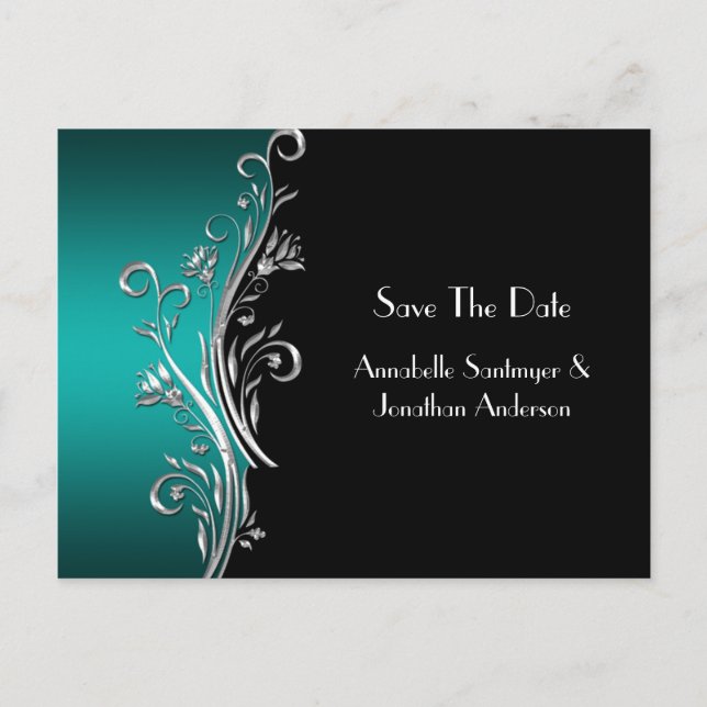 Aquamarin Black Silver Wirbel Save the Date Ankündigungspostkarte (Vorderseite)
