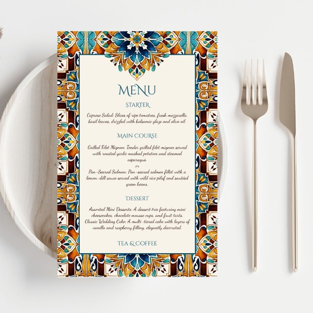 Aquamarin Blau-braune Vintage Talavera-Menükarten (Teal Blue brown vintage talavera Mexican Spanish wedding menu cards template personalized decor)