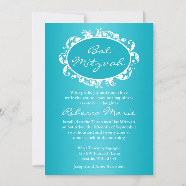 Aquamarin Blau Geblüht Swirl Rahmen Bat Mitzvah Einladung (Vorderseite)