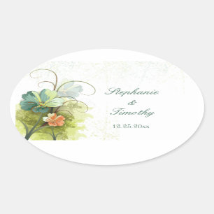 Aquamarin-blau-grün + pfirsichfarbene Hochzeitskle Ovaler Aufkleber