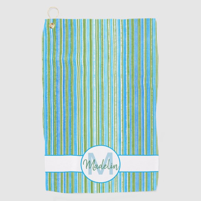 Aquamarin, blau, grün und weiß Streifen Golfhandtuch (Vorderseite)