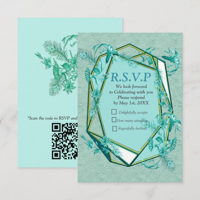 Aquamarin Blau - Grüner Hintergrund mit Blume RSVP Karte (Vorne/Hinten)