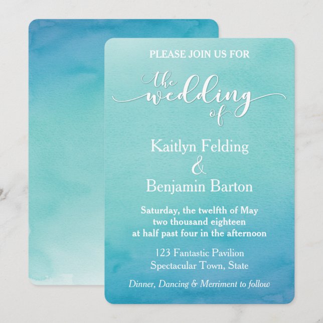 Aquamarin & blau Ombre Wasserfarbe Hochzeit Einlad Einladung (Vorne/Hinten)