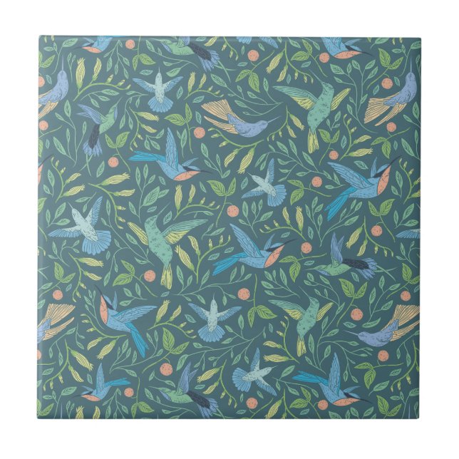 Aquamarin, blau, Peach Hummingbirds Fliese (Vorderseite)