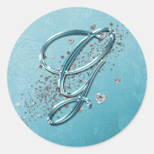 Aquamarin Blau Silver Glitzer Script Text Monogram Runder Aufkleber
