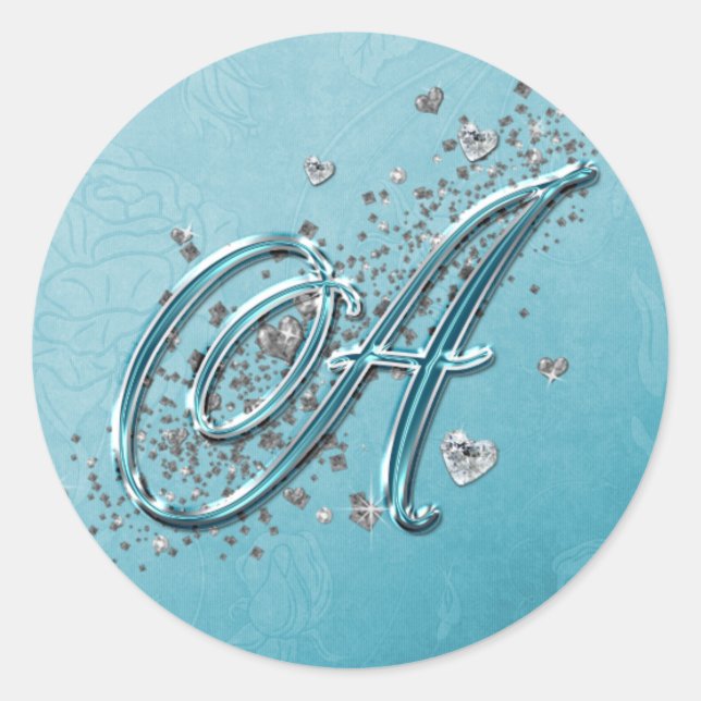 Aquamarin Blau Silver Glitzer Script Text Monogram Runder Aufkleber (Vorderseite)