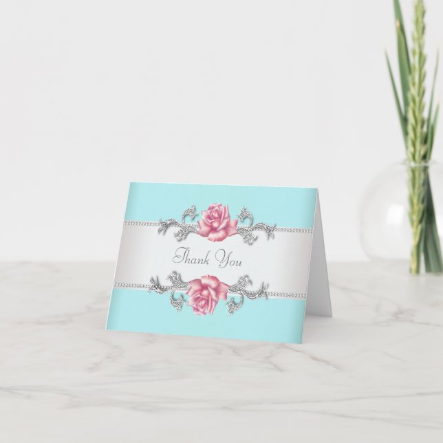 Aquamarin Blau und Rosa Rose Vielen Dank Karten (Vorderseite)