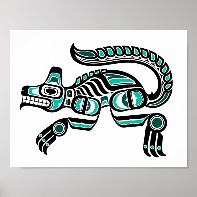 Aquamarin Blau und Schwarz Haida Spirit Wolf Poster (Vorne)