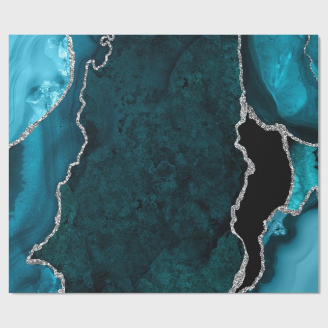 Aquamarin Blau und Silber Imitate Glitzer Agate Geschenkpapier (Flach)