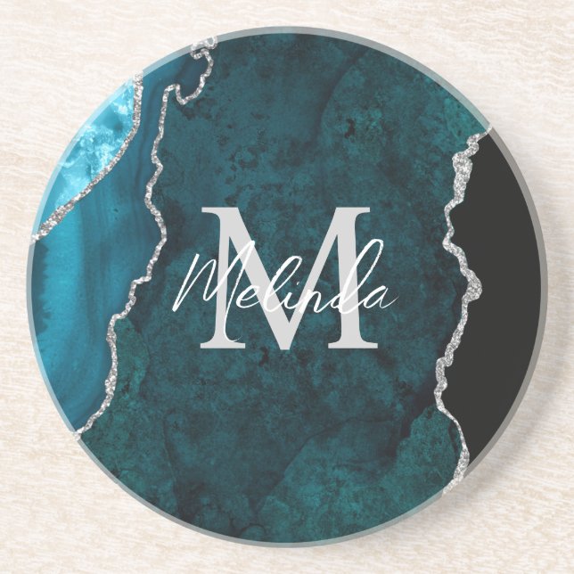 Aquamarin Blau und Silbermarmor Agate Getränkeuntersetzer (Vorne)