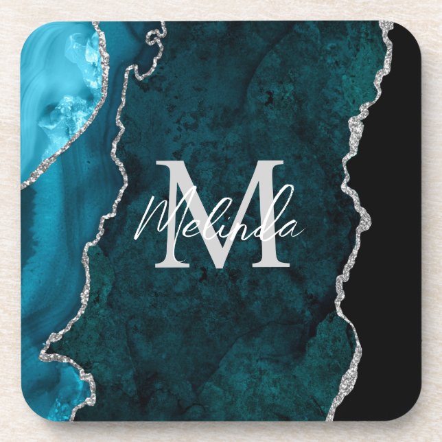 Aquamarin Blau und Silbermarmor Agate Getränkeuntersetzer (Vorderseite)