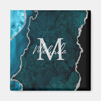 Aquamarin Blau und Silbermarmor Agate Magnet