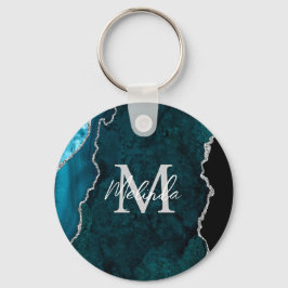 Aquamarin Blau und Silbermarmor Agate Schlüsselanhänger