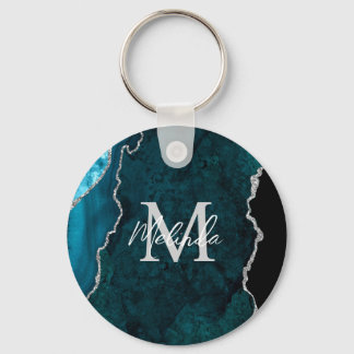 Aquamarin Blau und Silbermarmor Agate Schlüsselanhänger