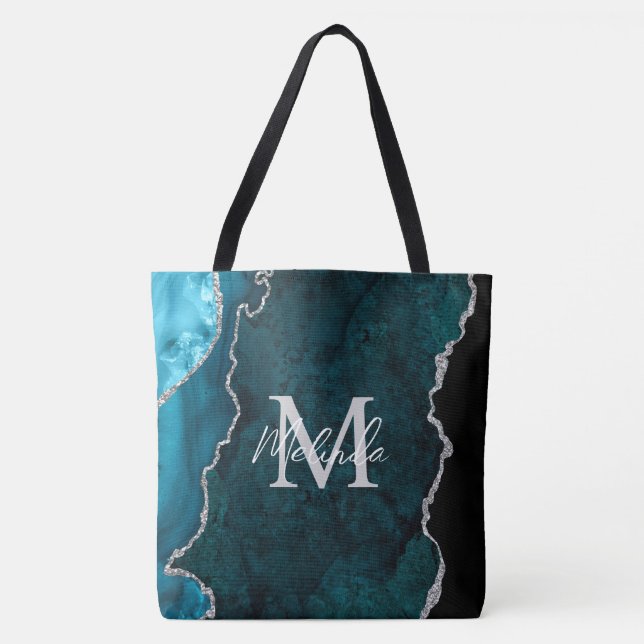 Aquamarin Blau und Silbermarmor Agate Tasche (Vorderseite)