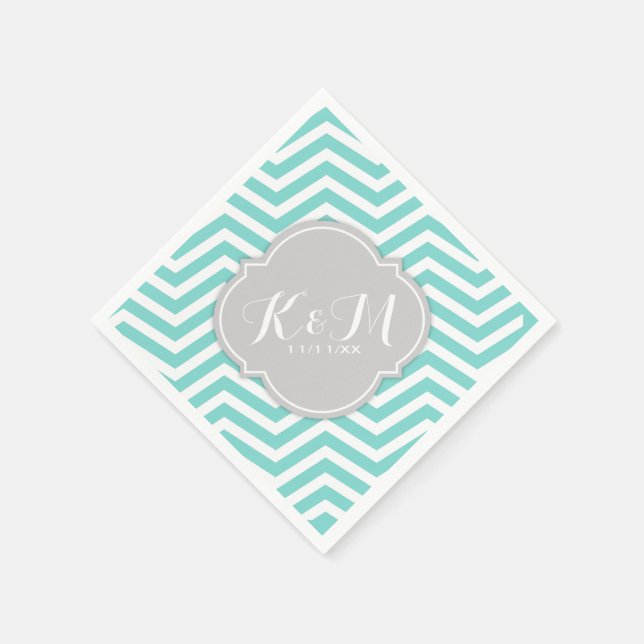 Aquamarin Blau und Weiß Zickzack mit Monogramm Serviette (Ecke)