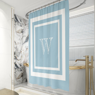 Aquamarin Blau Weiß Gerahmtes Monogramm Duschvorhang