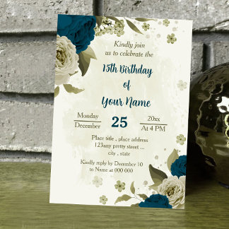 aquamarin-blaubeige Blume botanischer Geburtstag Einladung