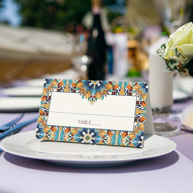 Aquamarin-Blaubraun-Vintag-Talavera-Hochzeit Platzkarte (Teal Blue brown vintage talavera Mexican Spanish wedding Place Card personalized table decor)