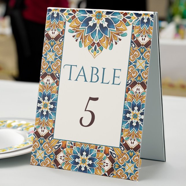 Aquamarin-Blaubraun-Vintag-Talavera-Hochzeit Tischaufsteller (Teal Blue brown vintage talavera Mexican wedding Table numbers Tent Sign wedding table signs)
