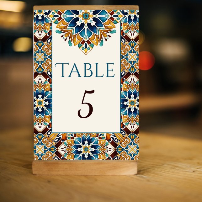 Aquamarin-Blaubraun-Vintag-Talavera-Hochzeit Tischnummer (Teal Blue brown vintage talavera Mexican Spanish wedding Table Number cards reception table decor)