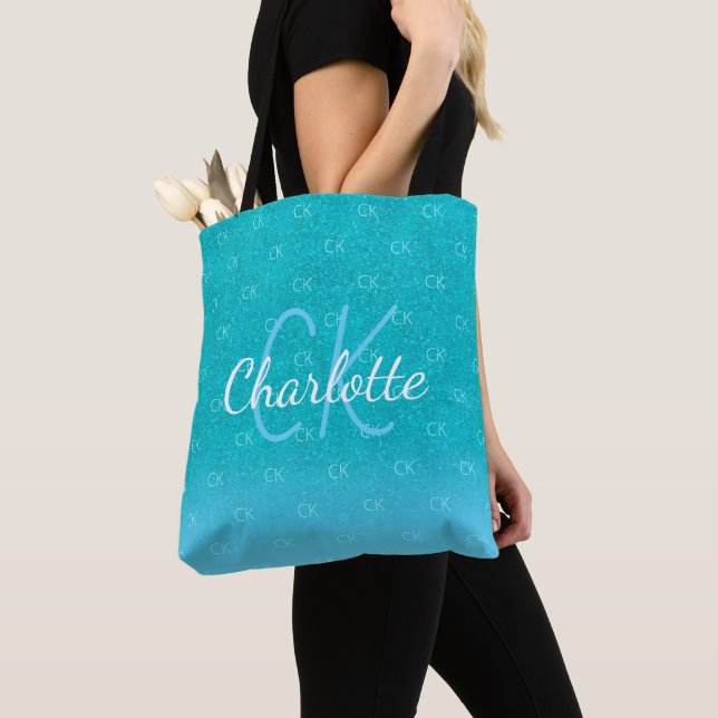 Aquamarin-blaue Glitzer-Aqua-grüne Monogramm-Initi Tasche (Von Nahem)