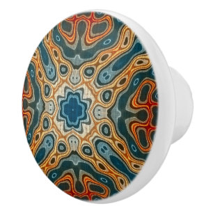 Aquamarin-blaue orange-gelbe, grüne Ethnic Stamm K Keramikknauf