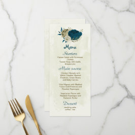 aquamarin-blaue und beige Blume botanische Hochzei Menükarte